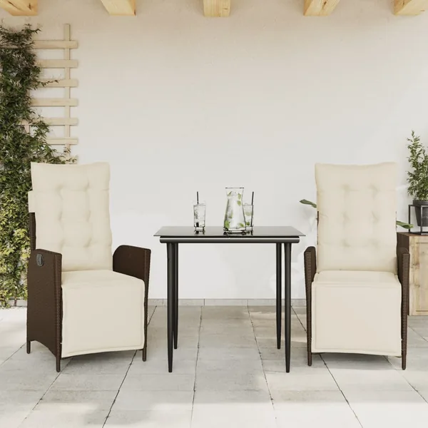 Ensemble à manger de jardin 3 pcs et coussins marron poly rotin