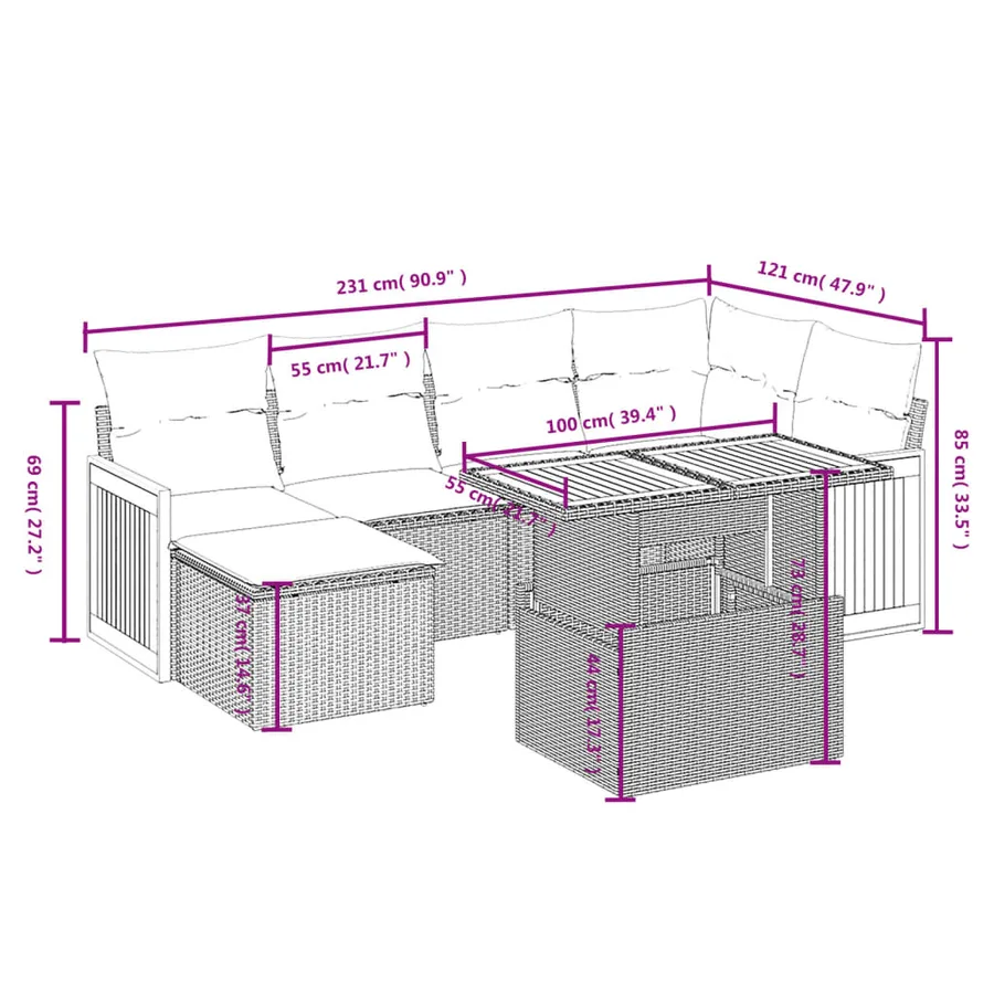 Salon de jardin avec coussins 7 pcs gris résine tressée - 3