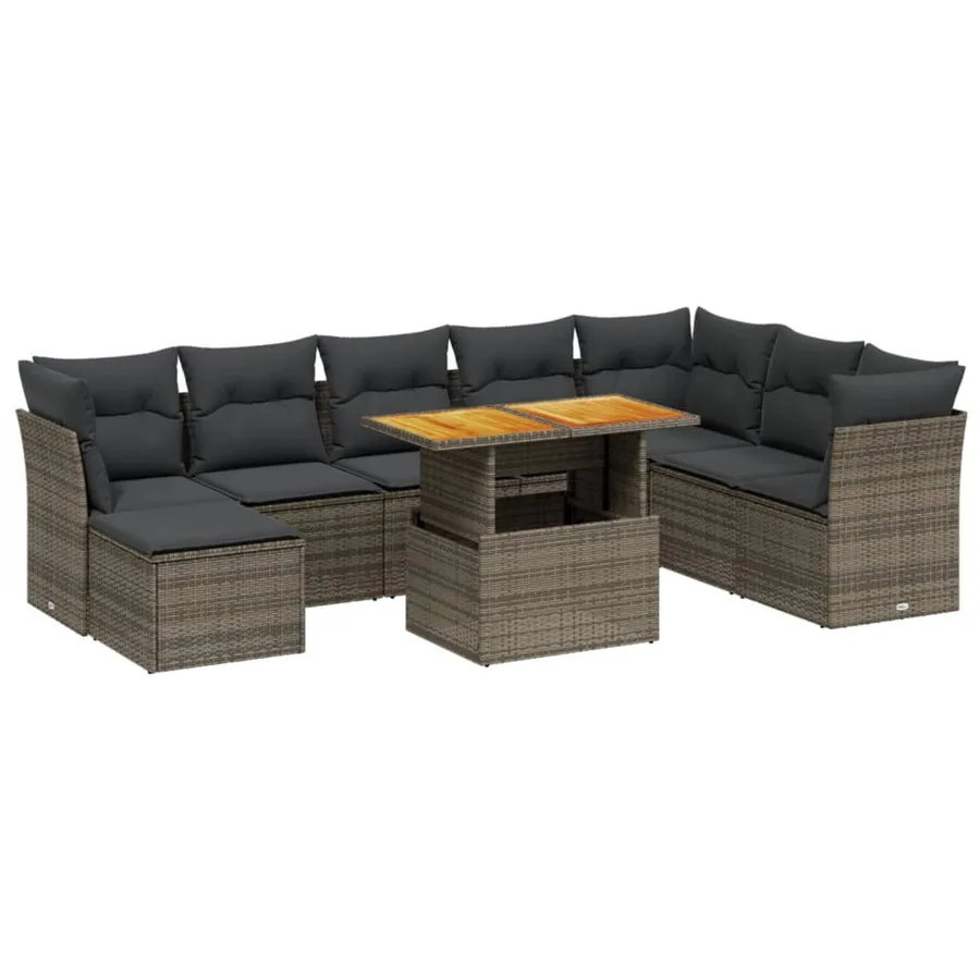 Salon de jardin 9 pcs avec coussins gris résine tressée - 2