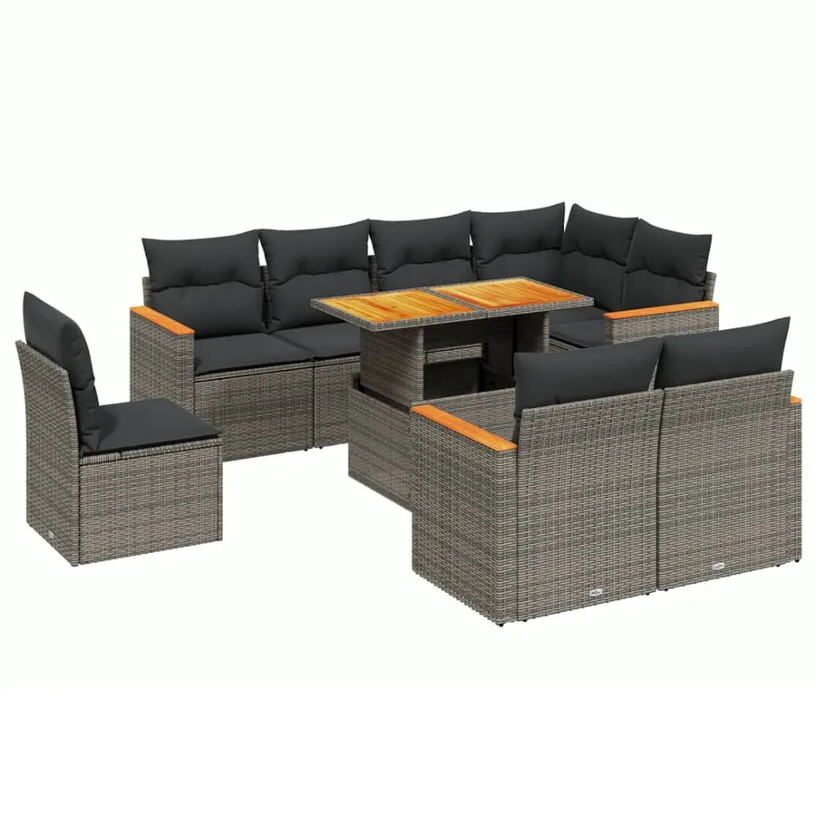 Salon de jardin 9 pcs avec coussins gris résine tressée - 2