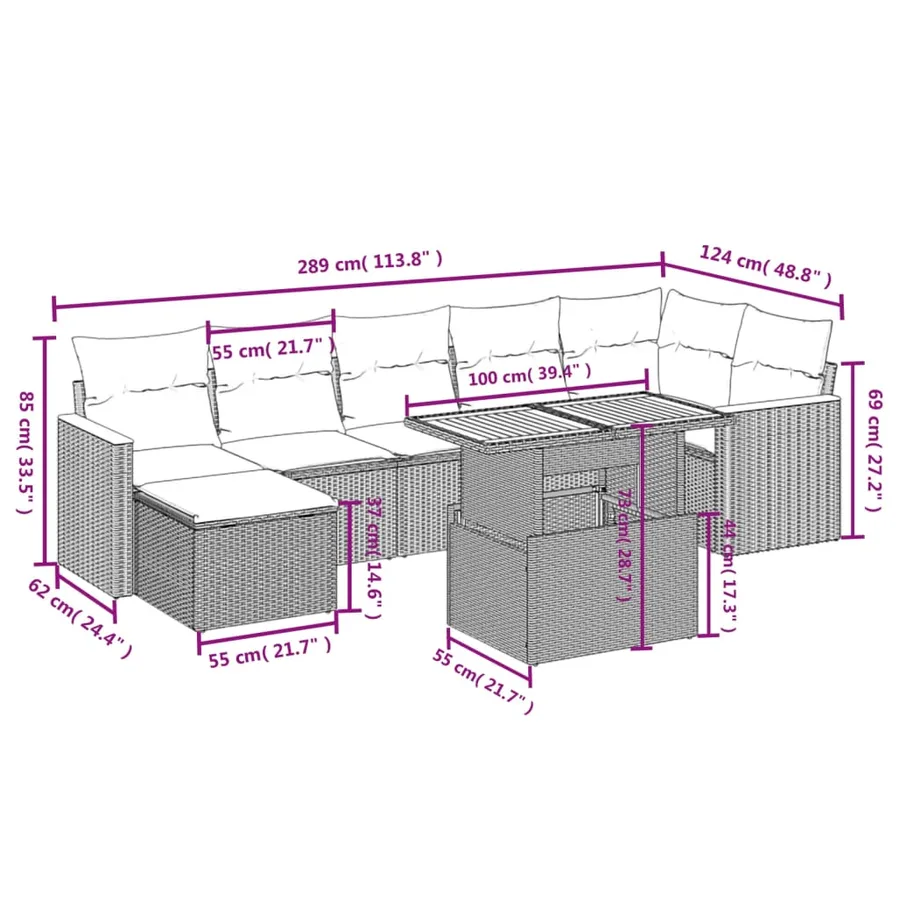 Salon de jardin 8 pcs avec coussins gris résine tressée - 3