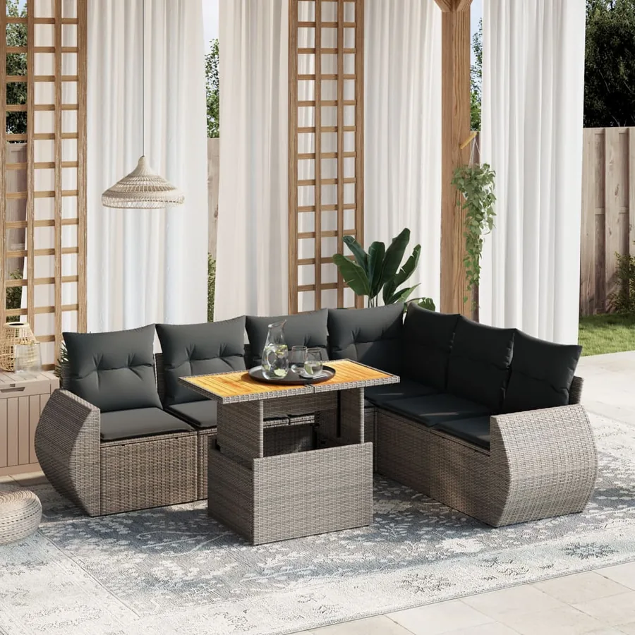 Salon de jardin avec coussins 7 pcs gris résine tressée
