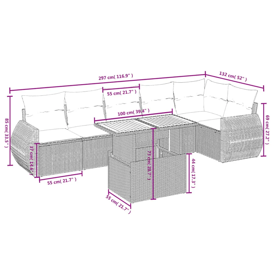 Salon de jardin avec coussins 7 pcs gris résine tressée - 3