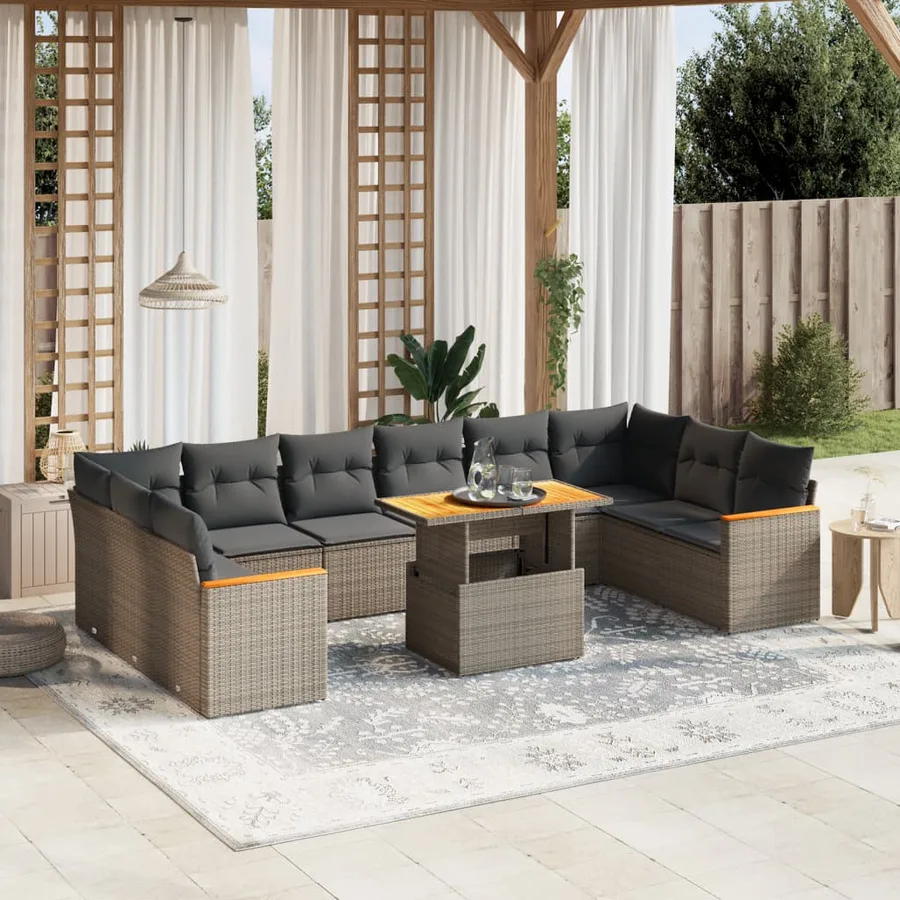 Salon de jardin 11 pcs avec coussins gris résine tressée - 2