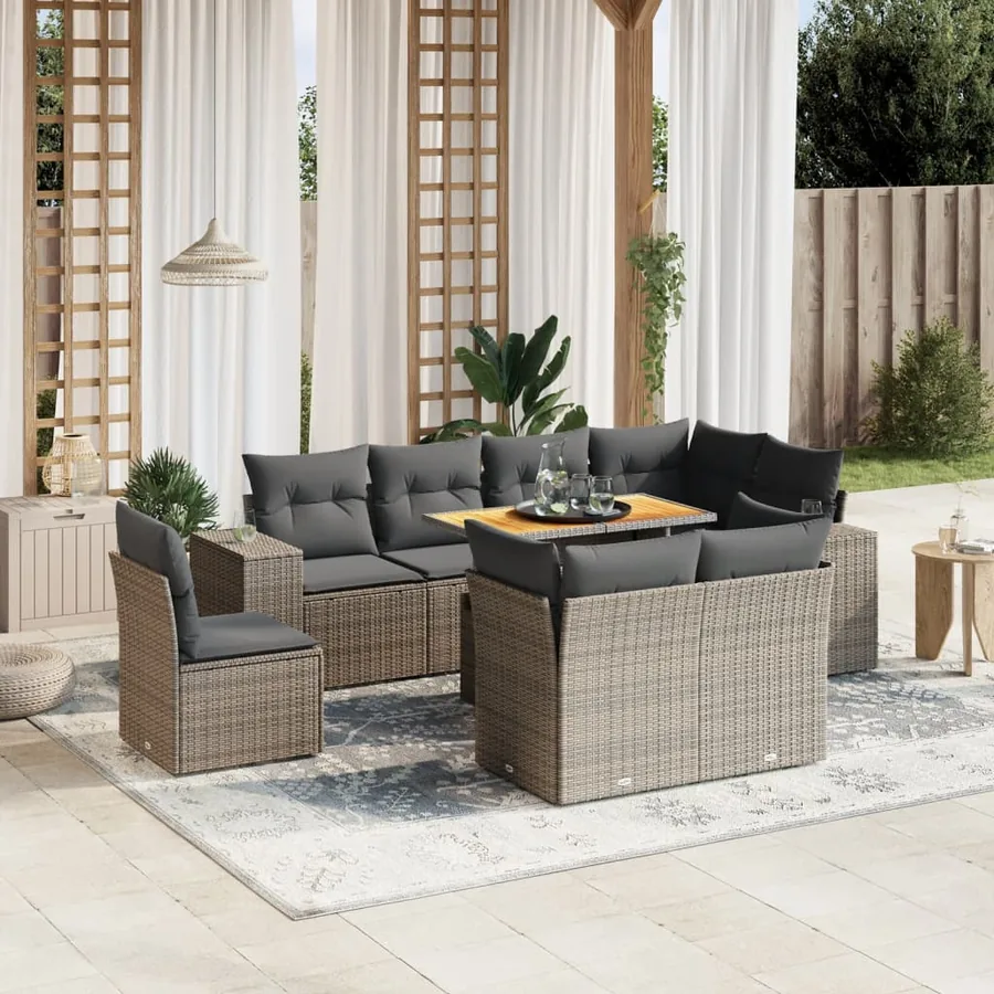 Salon de jardin 9 pcs avec coussins gris résine tressée