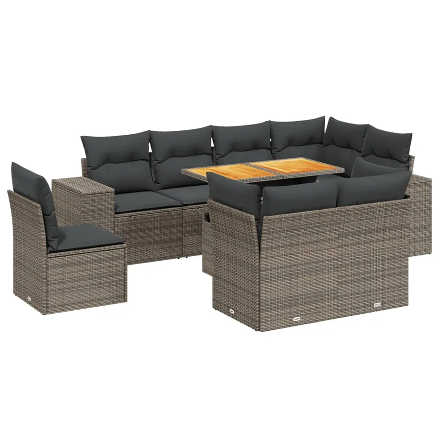 Salon de jardin 9 pcs avec coussins gris résine tressée - 2