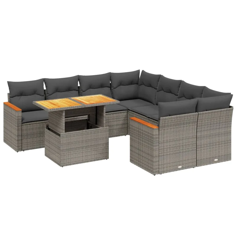 Salon de jardin 9 pcs avec coussins gris résine tressée - 2