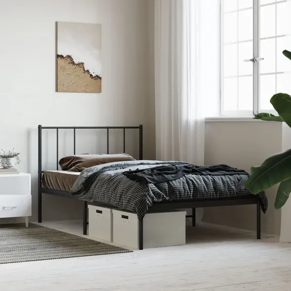 Cadre de lit métal sans matelas avec tête de lit noir 107x203cm
