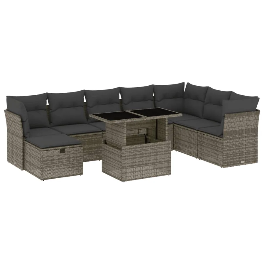 Salon de jardin 9 pcs avec coussins gris résine tressée - 2