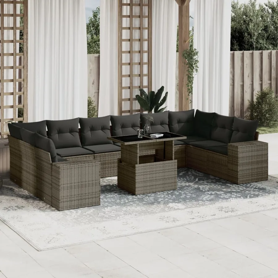 Salon de jardin 11 pcs avec coussins gris résine tressée
