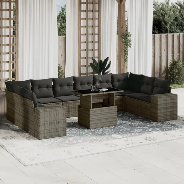 Salon de jardin 11 pcs avec coussins gris résine tressée