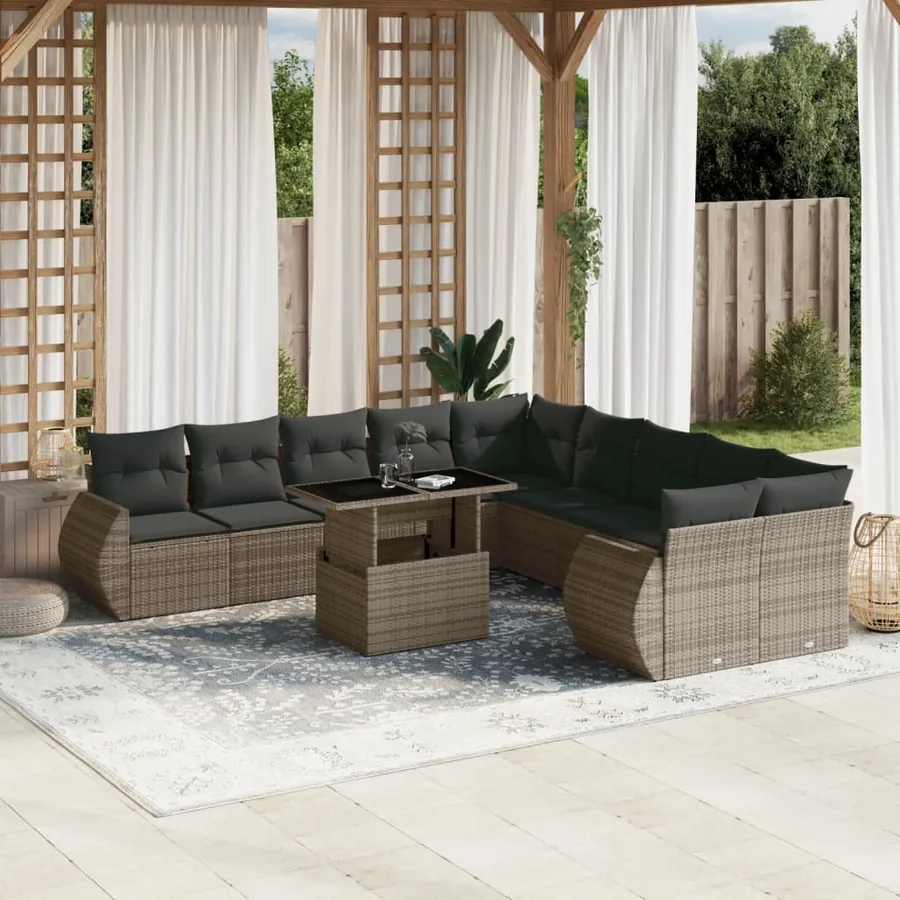 Salon de jardin 11 pcs avec coussins gris résine tressée