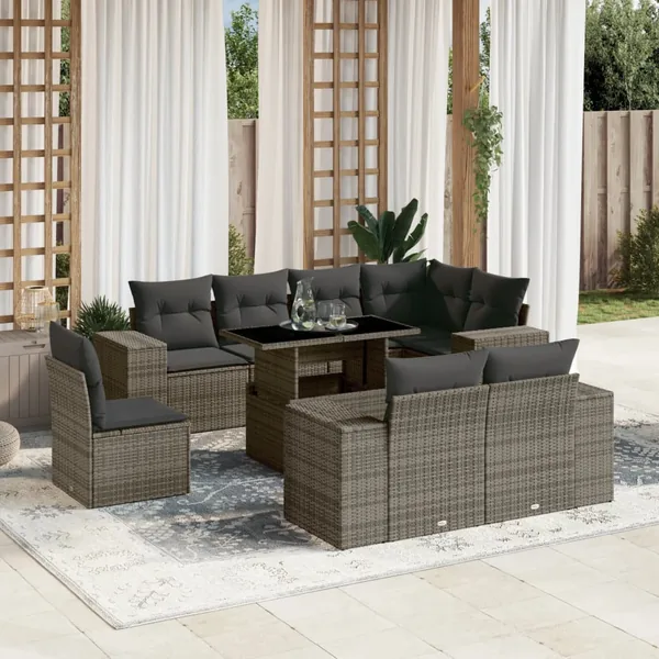Salon de jardin 9 pcs avec coussins gris résine tressée