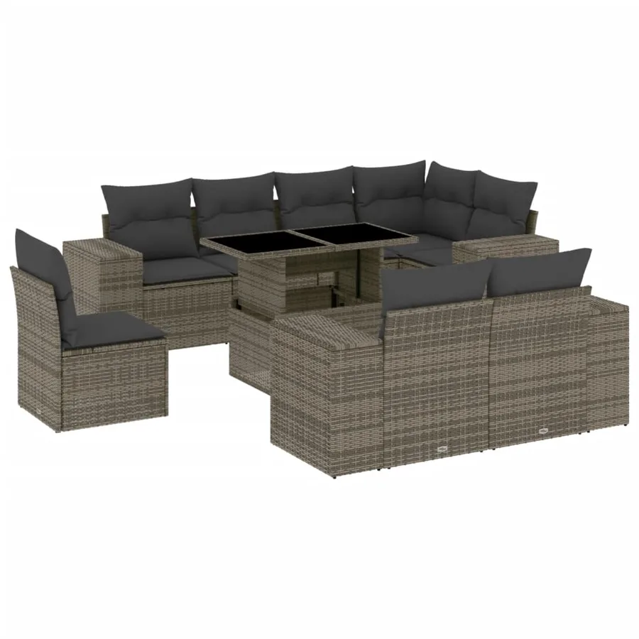 Salon de jardin 9 pcs avec coussins gris résine tressée - 2