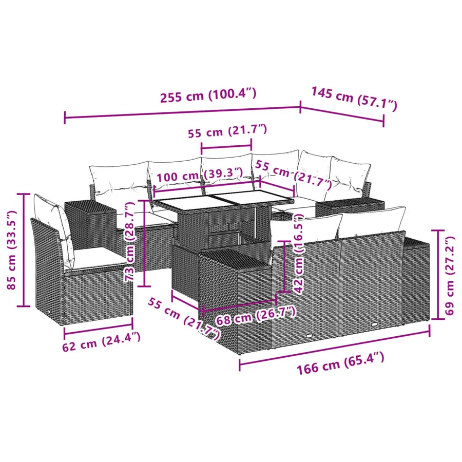 Salon de jardin 9 pcs avec coussins gris résine tressée - 9