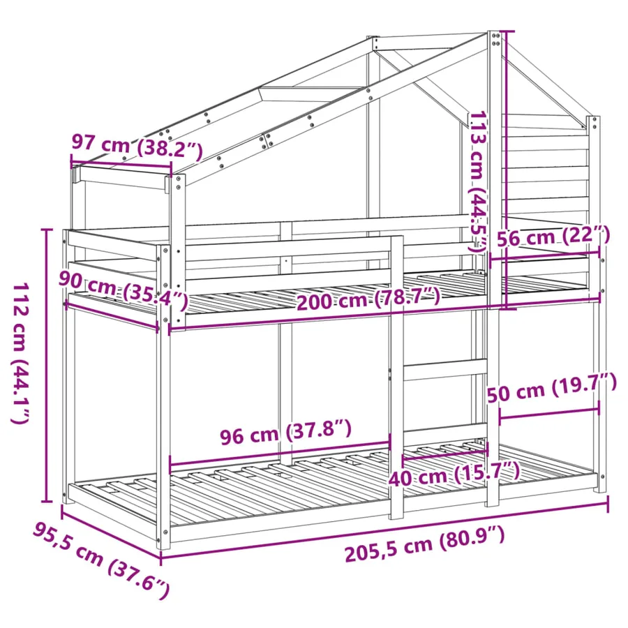 Lit superposé sans matelas 90x200 cm bois de pin massif - 12