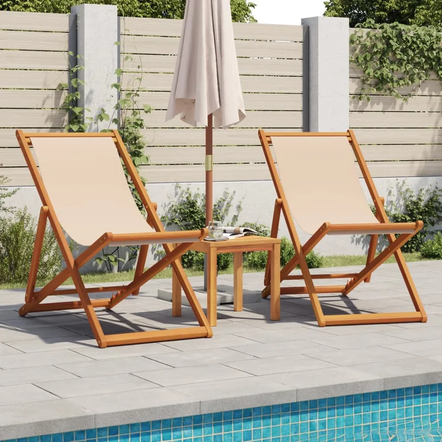 Chaise pliable de plage beige bois massif d'eucalyptus et tissu - 3