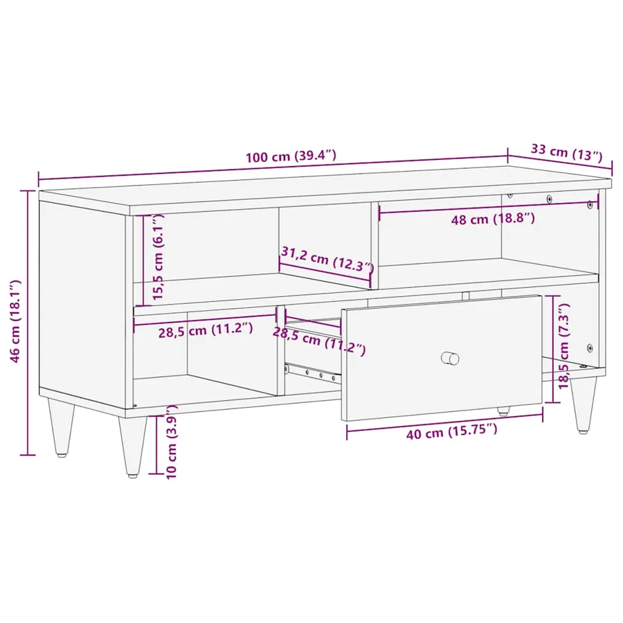 Meuble TV 100x33x46 cm bois massif de manguier - 11