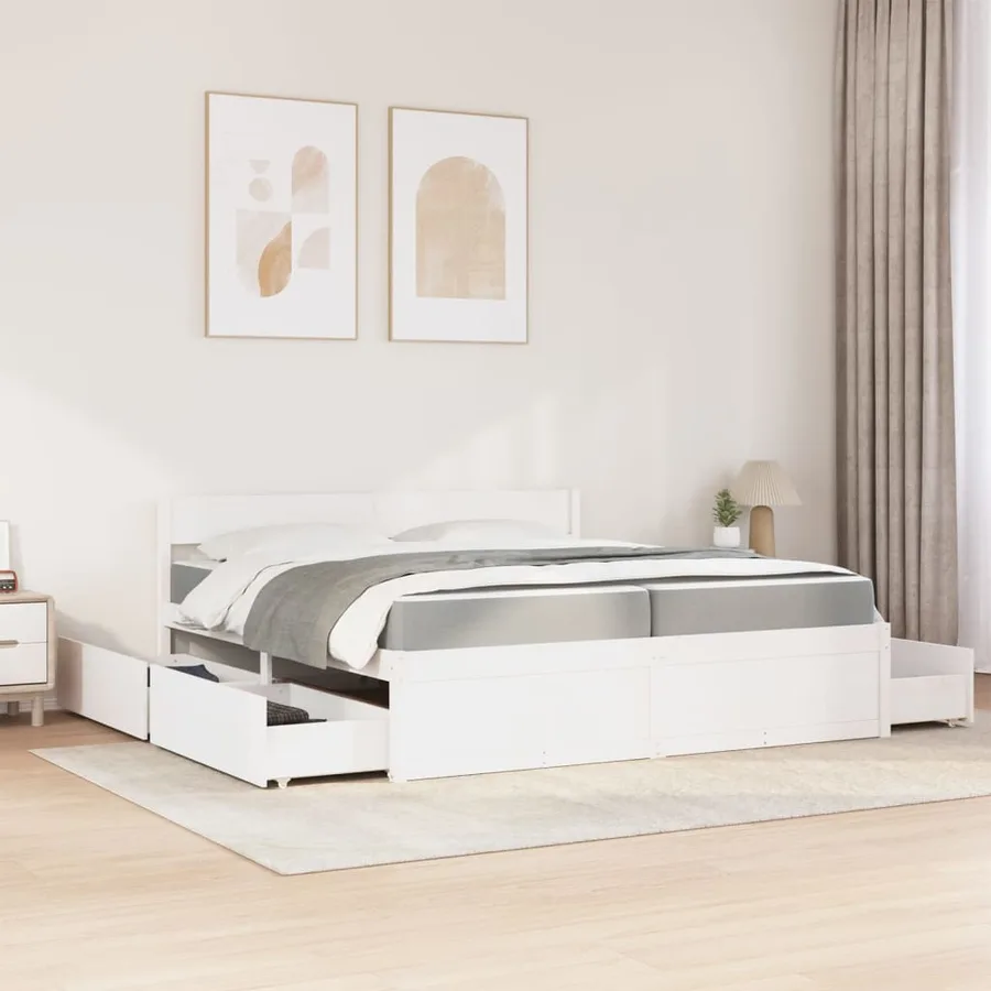 Lit avec tiroirs et matelas blanc 200x200 cm bois massif de pin - 3