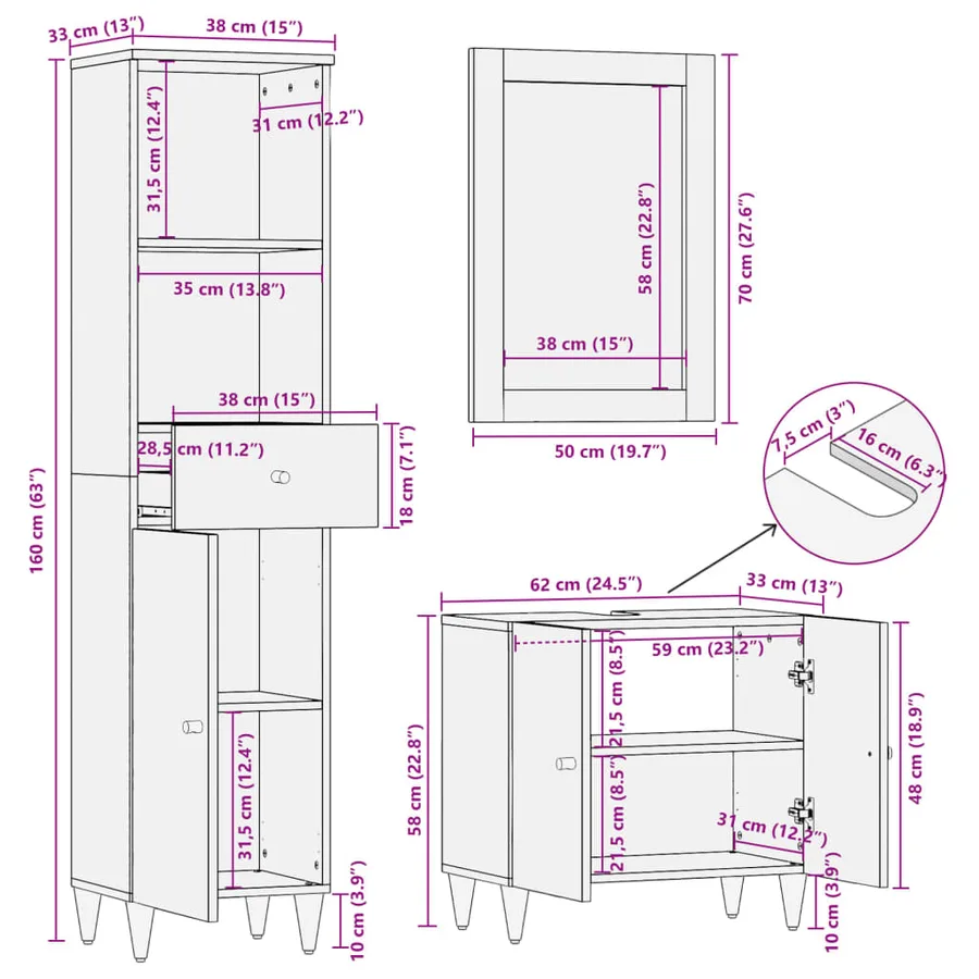 Ensemble de meubles de salle de bain 3 pcs bois manguier massif - 16