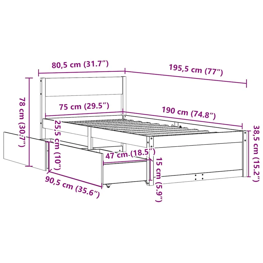 Cadre de lit sans matelas 75x190 cm bois de pin massif - 10