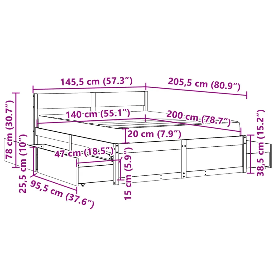 Lit avec tiroirs et matelas 140x200 cm bois massif de pin - 14