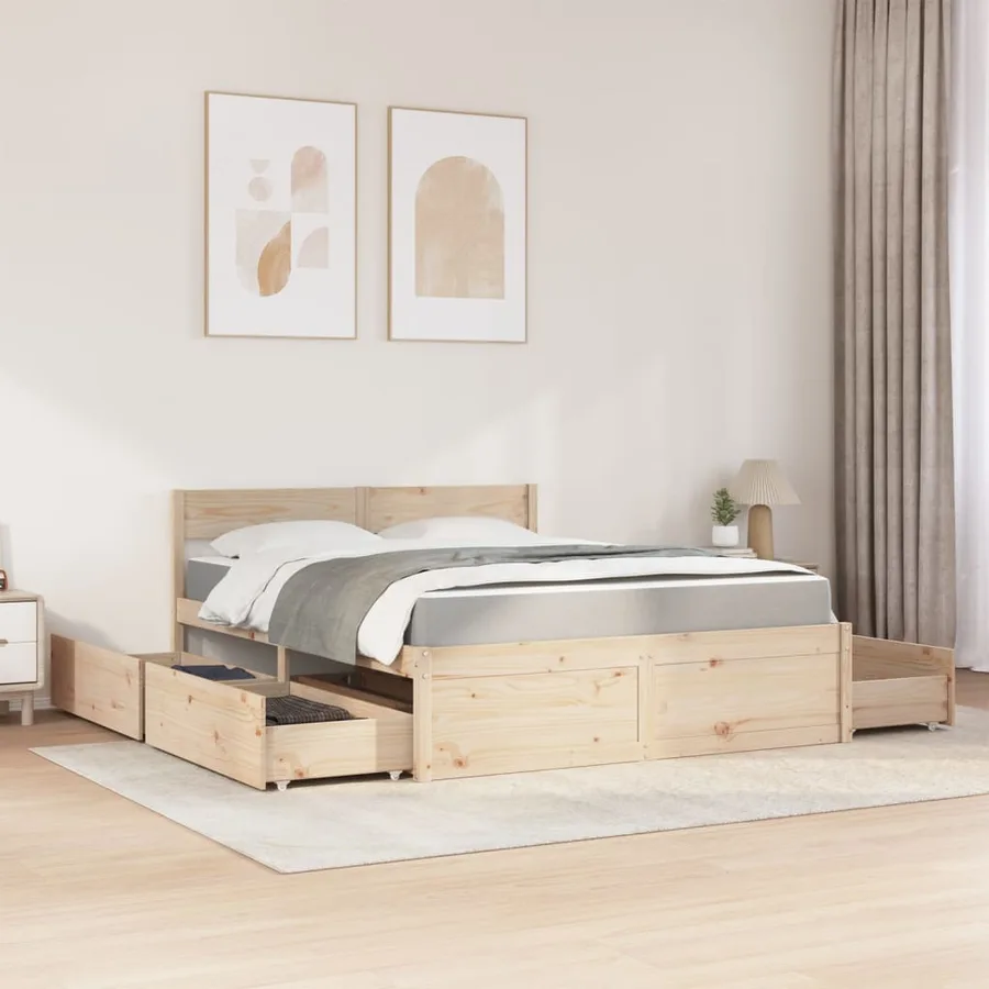Lit avec tiroirs et matelas 140x200 cm bois massif de pin - 3