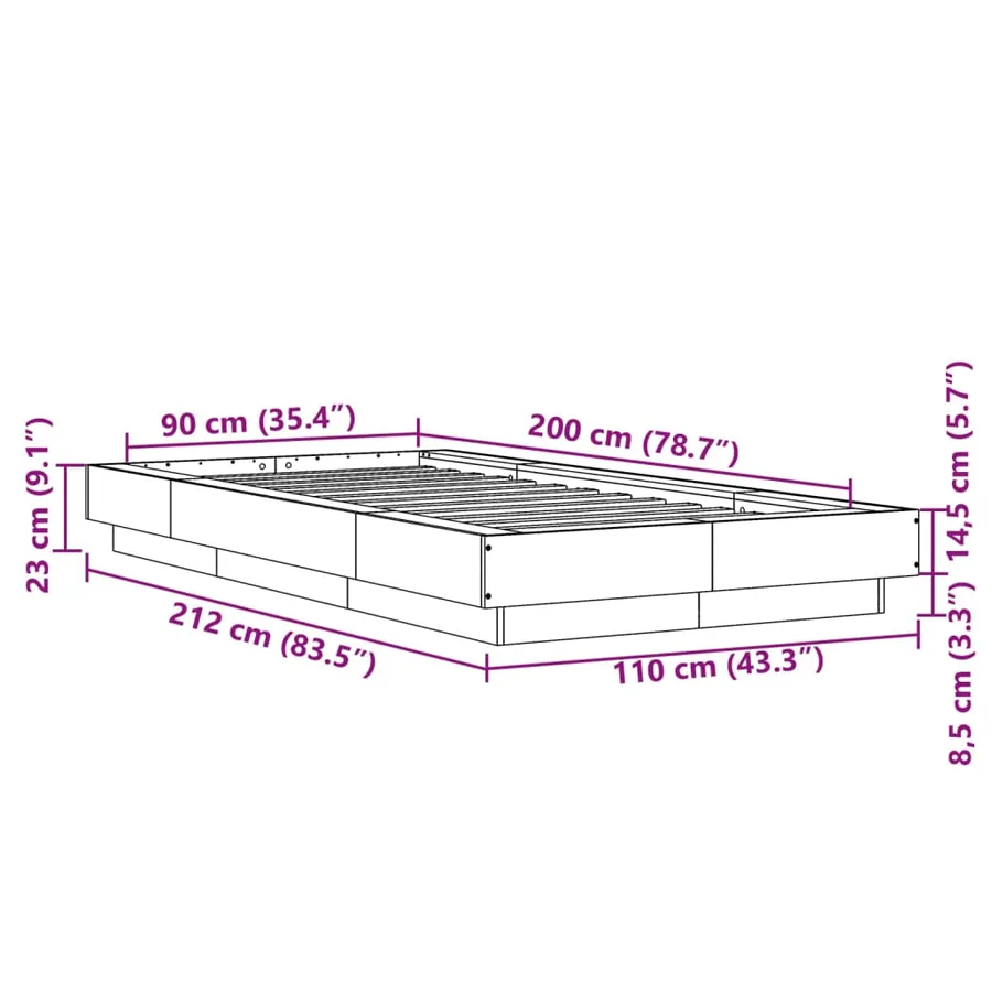 Cadre de lit et lumières LED sans matelas chêne fumé 90x200 cm - 14