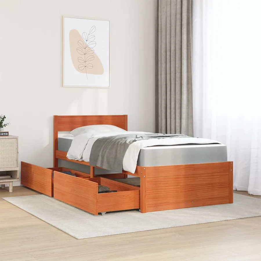 Lit avec tiroirs/matelas cire marron 90x200 cm bois massif pin - 3