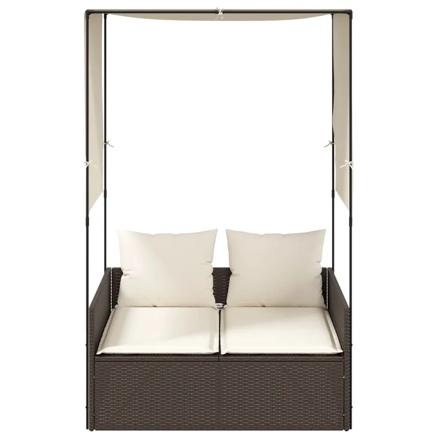 Chaise longue double avec toit et rideaux marron résine tressée - 3