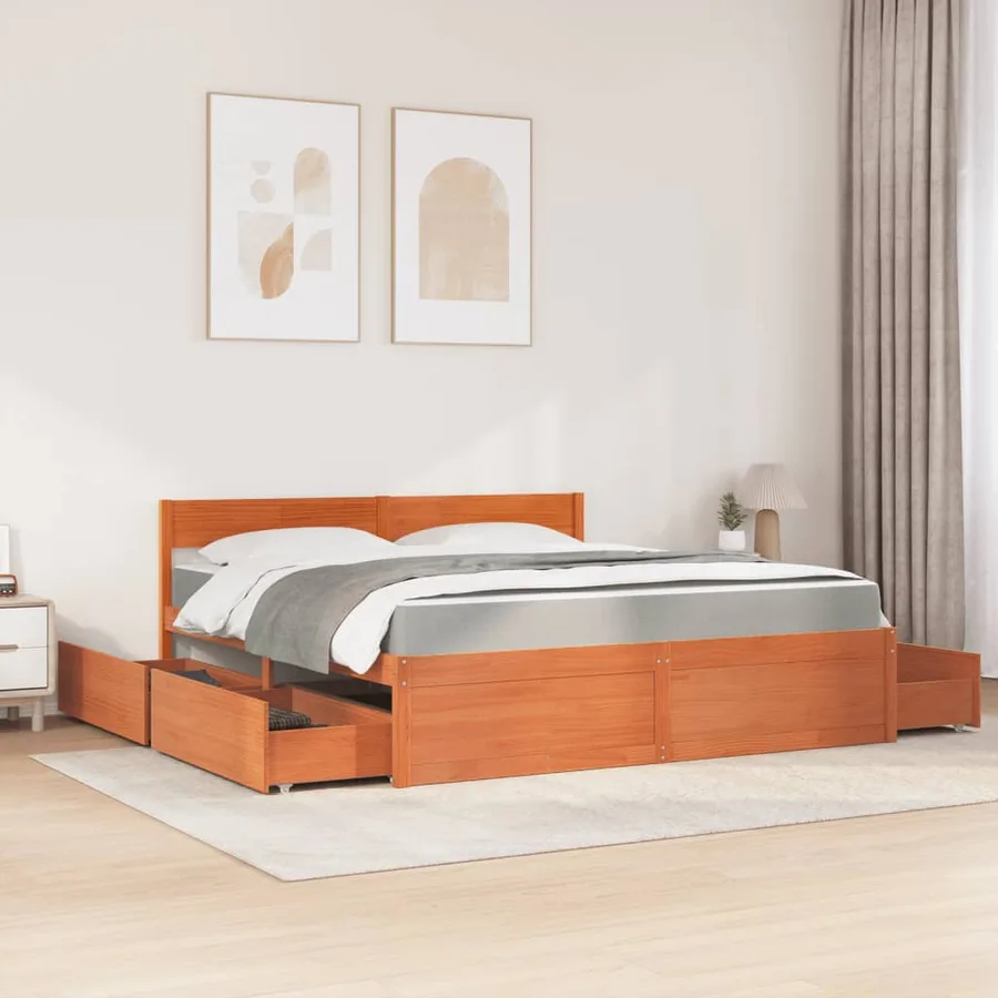 Lit avec tiroirs/matelas cire marron 180x200 cm bois massif pin - 3
