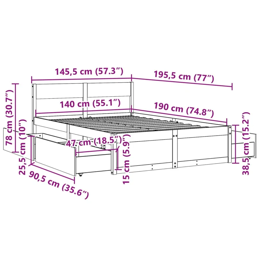Cadre de lit sans matelas 140x190 cm bois de pin massif - 10