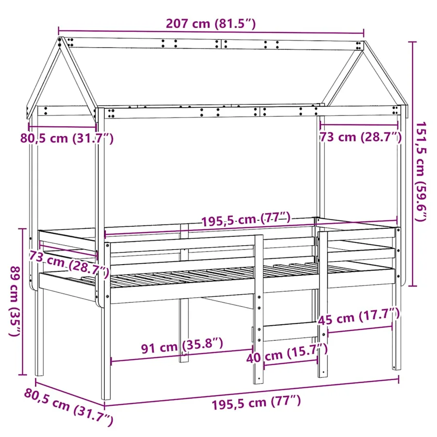 Lit haut sans matelas 75x190 cm bois de pin massif - 12