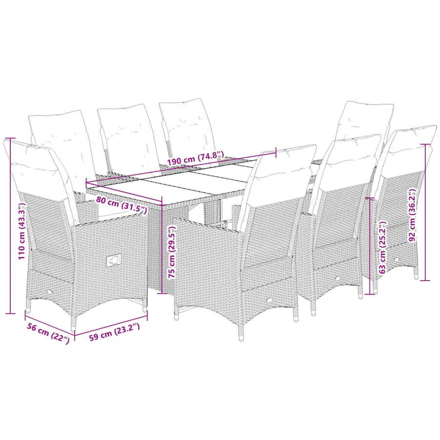 Ensemble à manger de jardin 9pcs coussins noir résine tressée - 7