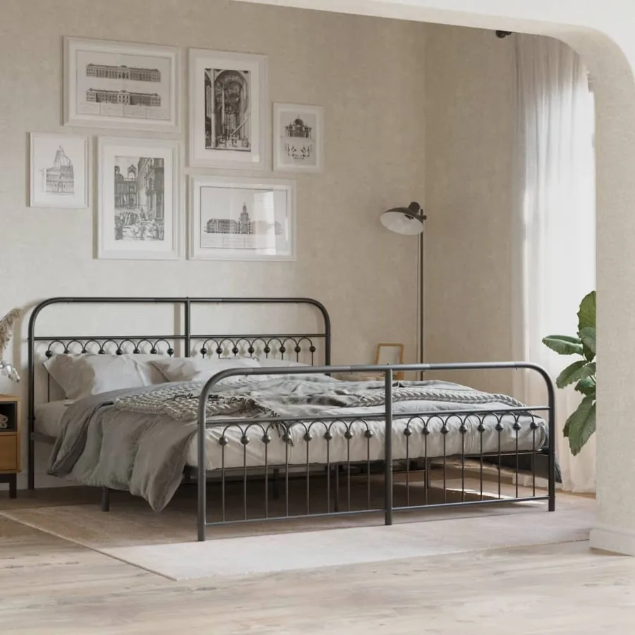 Cadre de lit métal sans matelas avec pied de lit noir 183x203cm