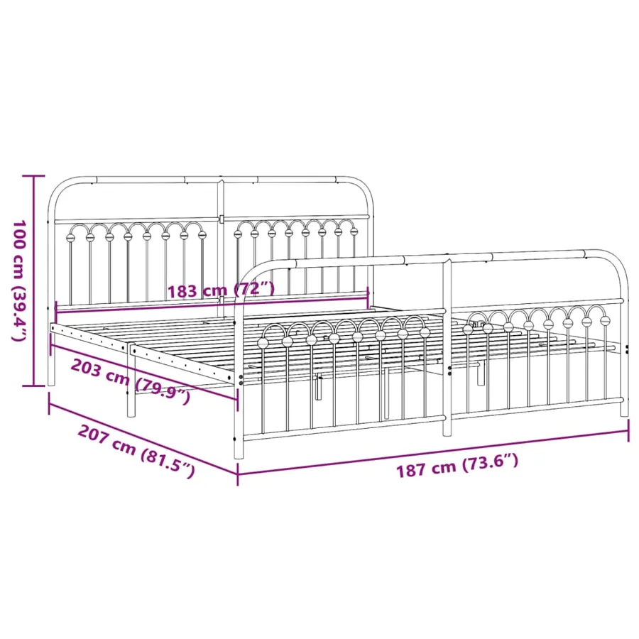 Cadre de lit métal sans matelas avec pied de lit noir 183x203cm - 8