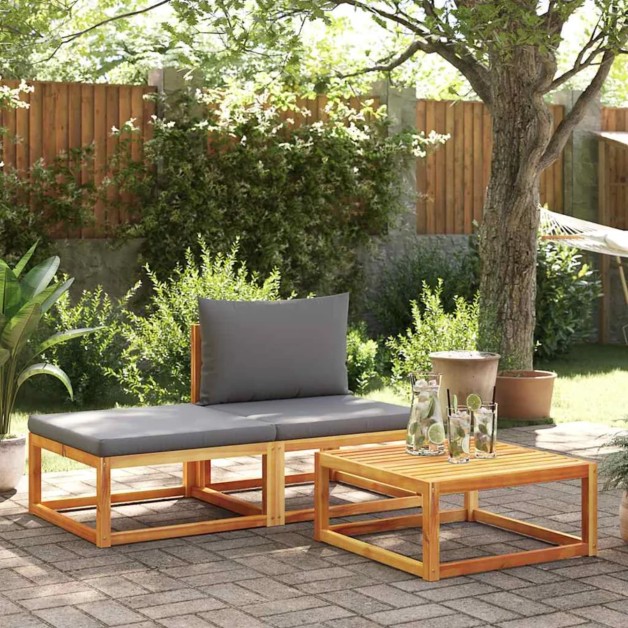 Ensemble de canapés de jardin 3 pièces avec coussins, bois d'acacia et corde,