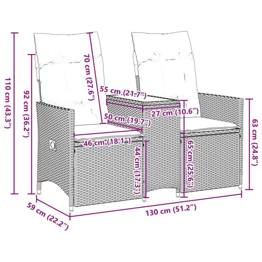 Canapé de jardin inclinable 2 places avec table marron rotin - 11
