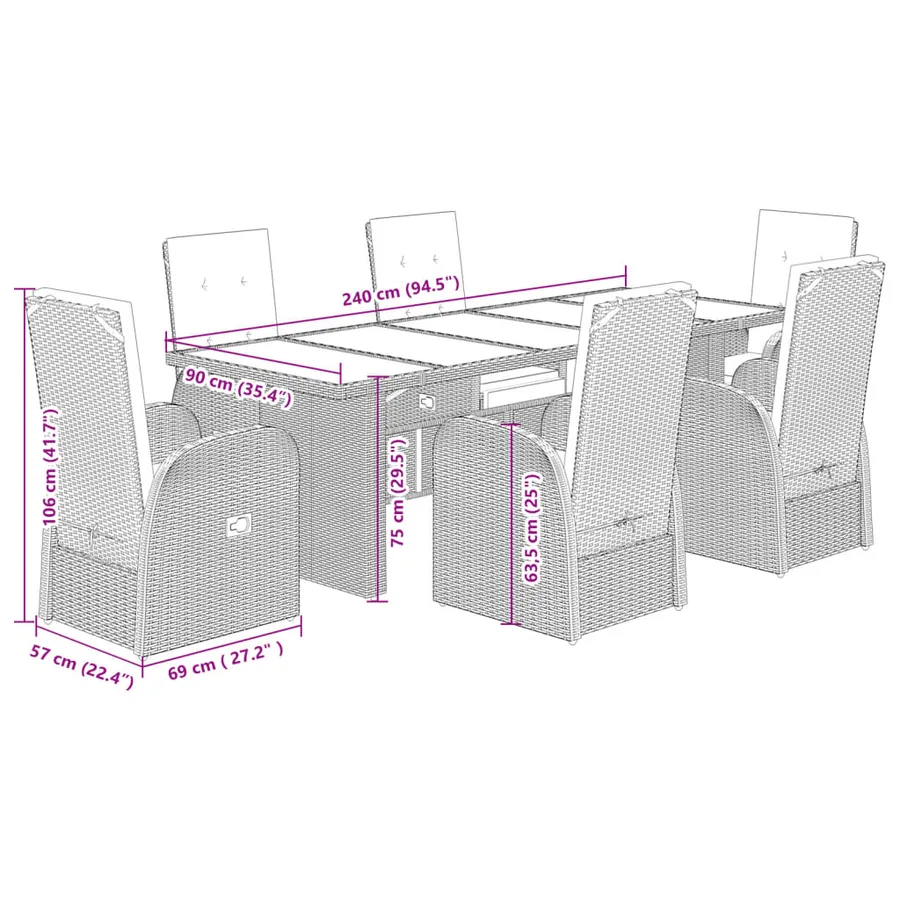 Ensemble à manger de jardin et coussins 7 pcs gris rotin - 7