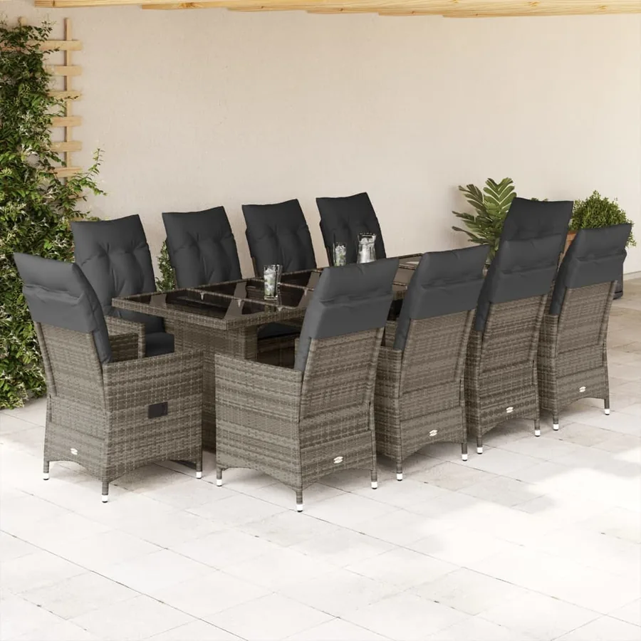 Ensemble de bistro de jardin 11 pcs coussins gris poly rotin