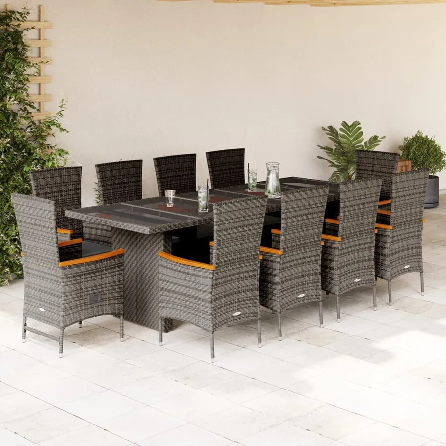 Ensemble à manger de jardin 11pcs avec coussins gris poly rotin