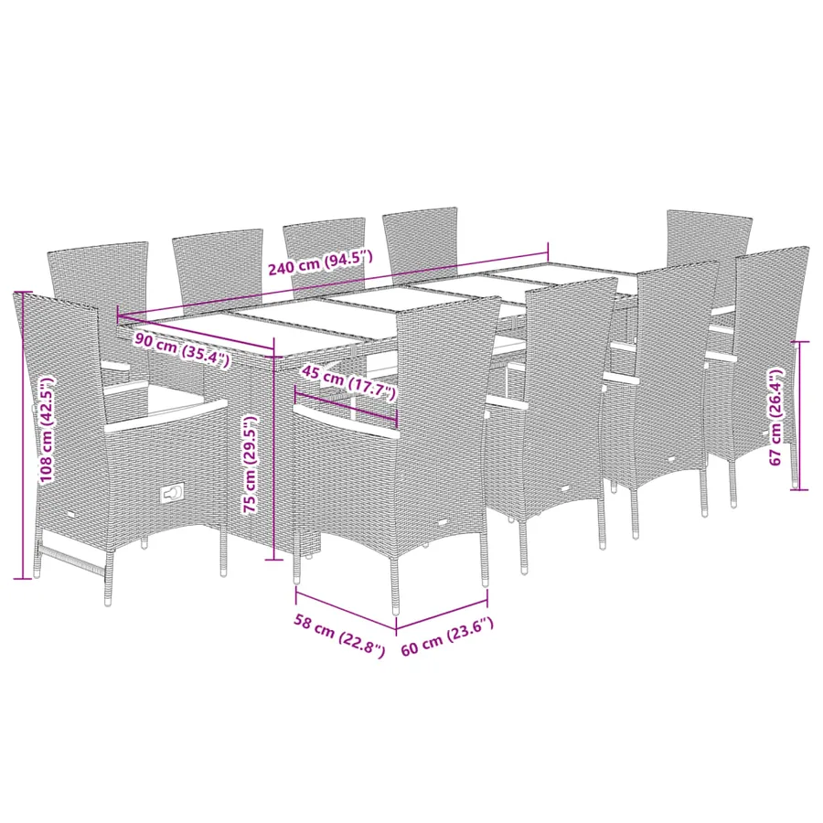 Ensemble à manger de jardin 11pcs avec coussins gris poly rotin - 7