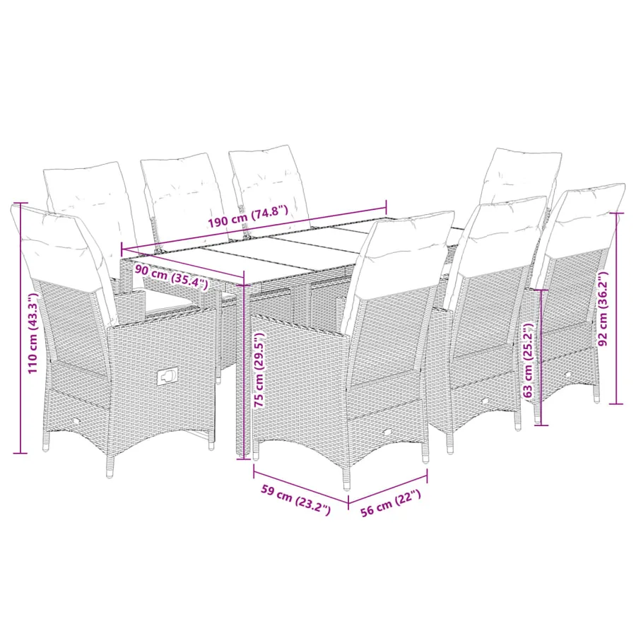 Ensemble à manger de jardin et coussins 9 pcs beige Poly rotin - 9