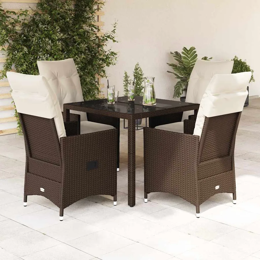 Ensemble à manger de jardin 5 pcs et coussins marron poly rotin