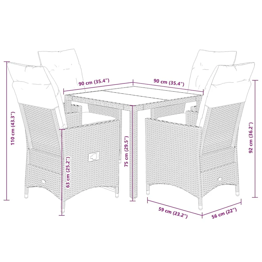 Ensemble à manger de jardin 5 pcs et coussins marron poly rotin - 9