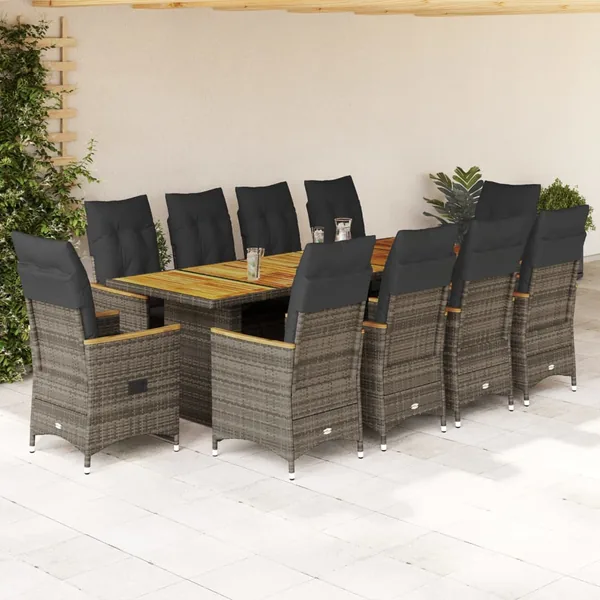Ensemble de bistro de jardin 11 pcs coussins gris poly rotin