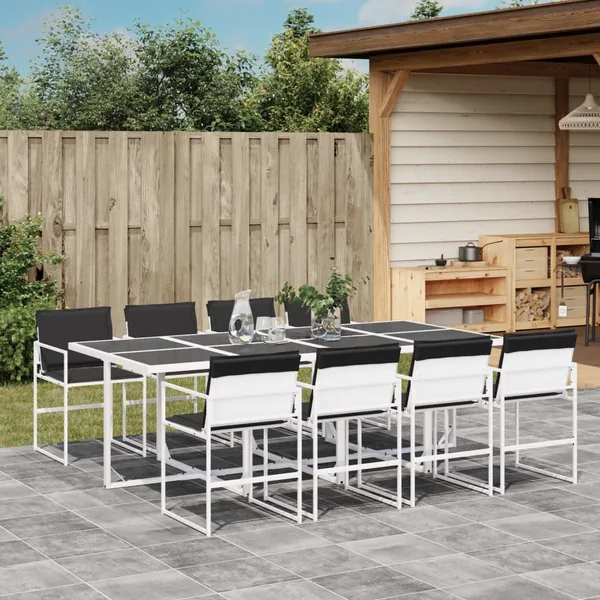 Ensemble à manger de jardin avec coussins 9 pcs blanc textilène