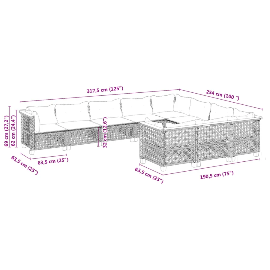 Salon de jardin avec coussins 10 pcs gris résine tressée - 6