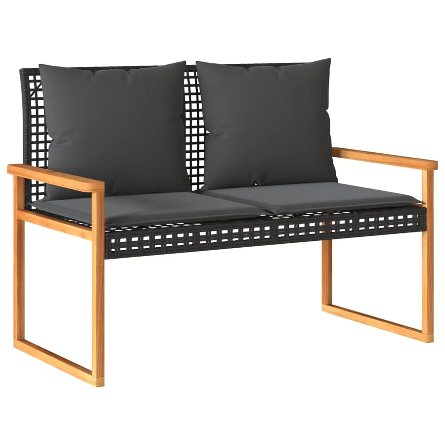 Banc de jardin avec coussin noir résine tressée et acacia - 2