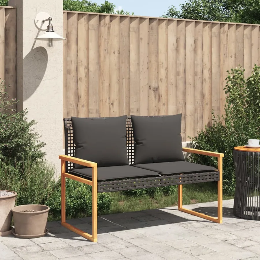 Banc de jardin avec coussin noir résine tressée et acacia - 3